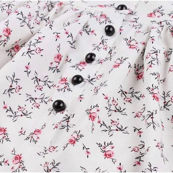 Vintage style Womens Sleeveless Button Front Shirred Dress White Floral Sz L - Picture 5 of 9